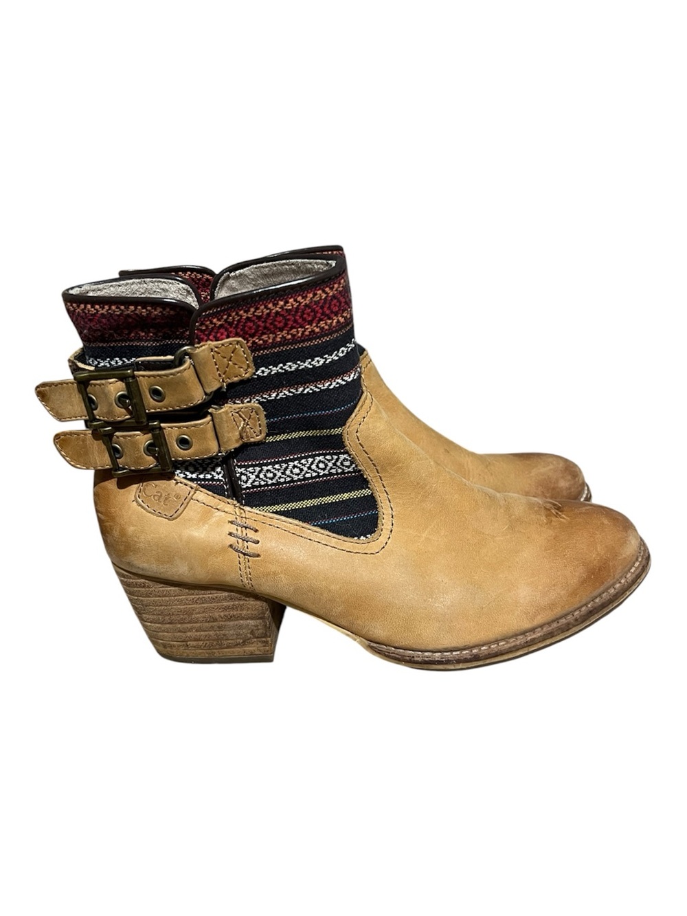 Caterpillar Tan Leather Ankle Boots Size 7 Buckle Strap Western Boho Booties